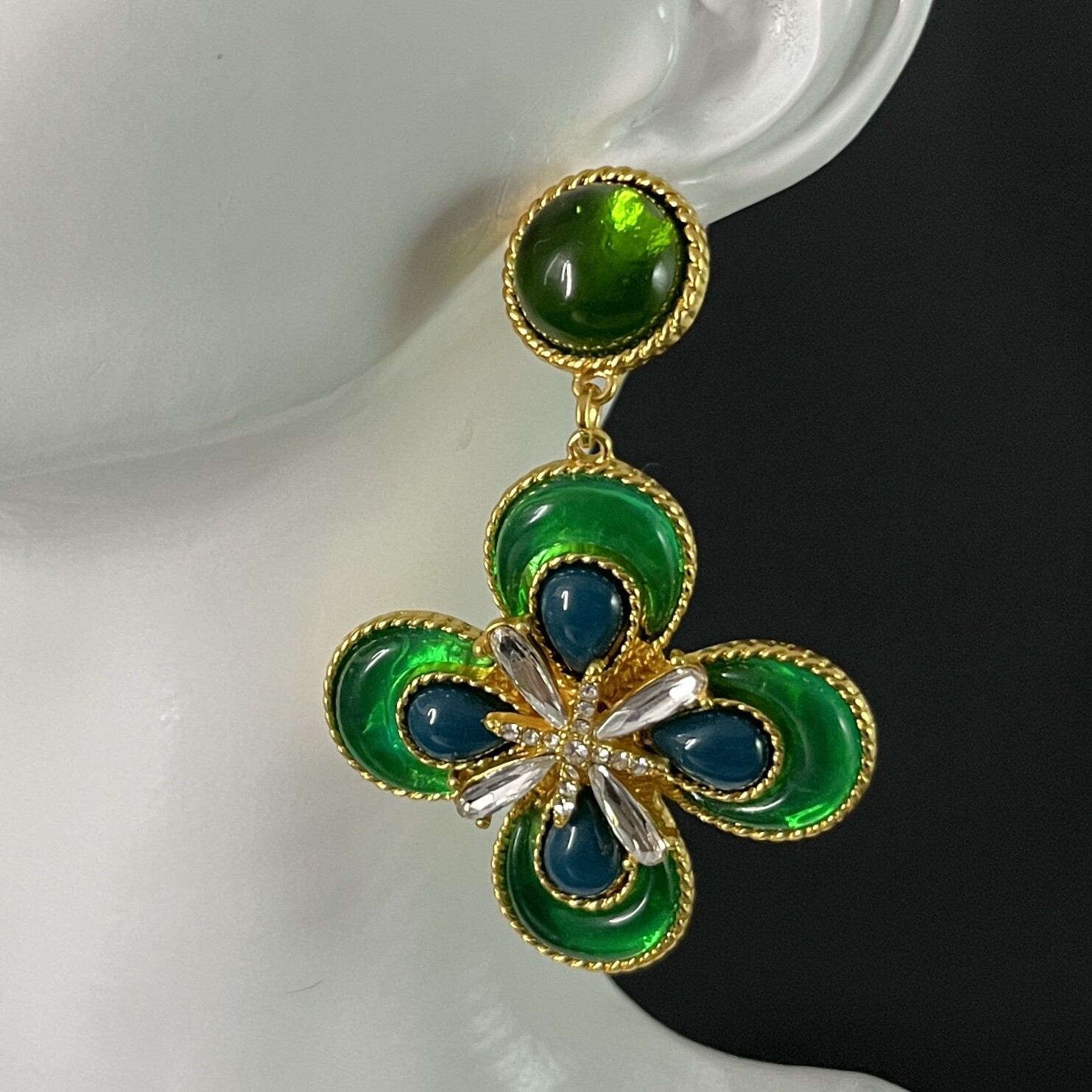 Gripoix Style Maltese Cross Earrings Green Glass Cabochon Gold Pierced Dangle