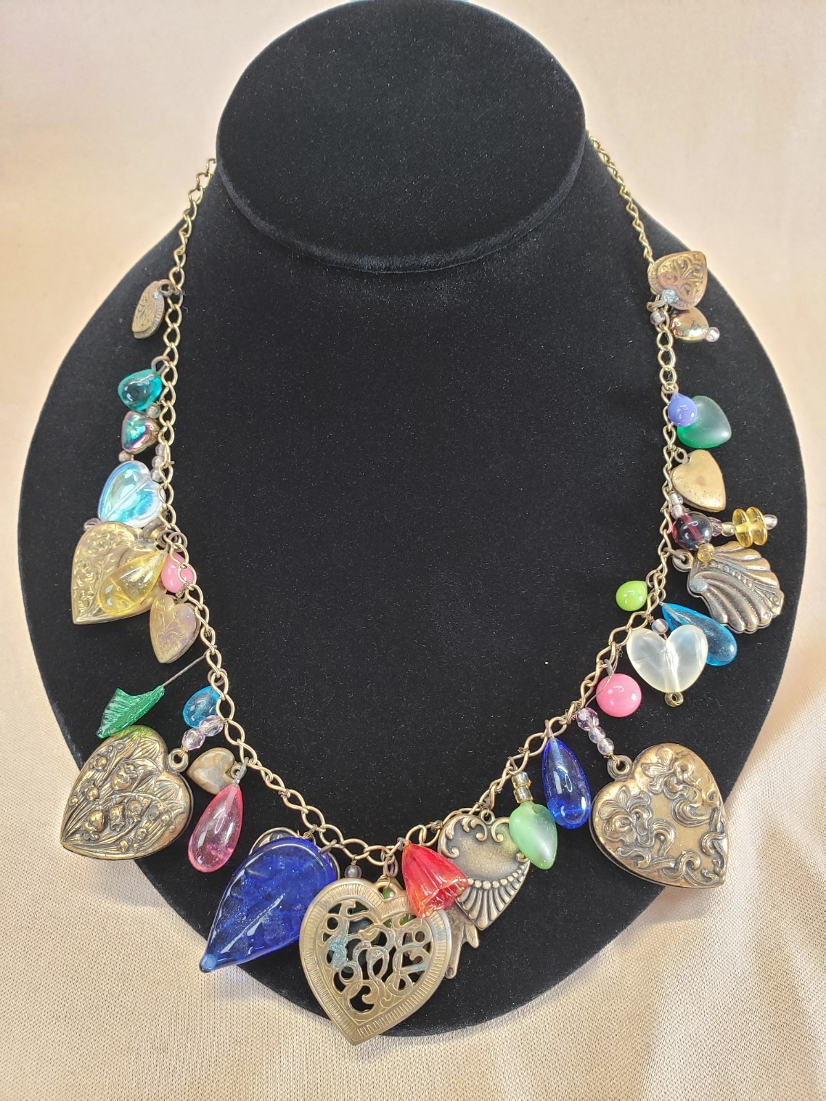 Vintage Ornate Hearts and Glass Charms Necklace Glass Works Studio Style AS IS