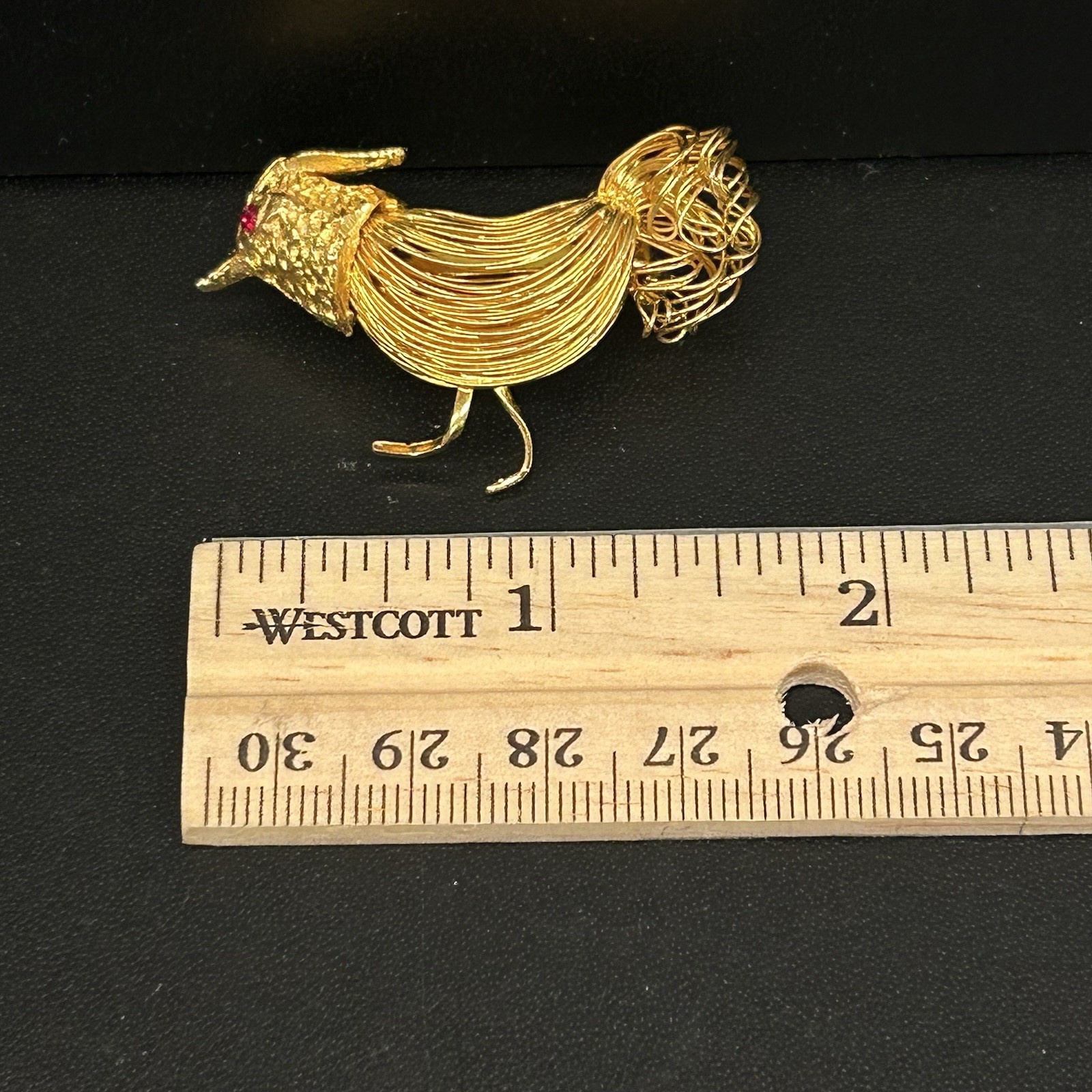 1960’s Vintage Wire Goldtone Quail Brooch 2 1/2 inch With Red Rhinestone Eye