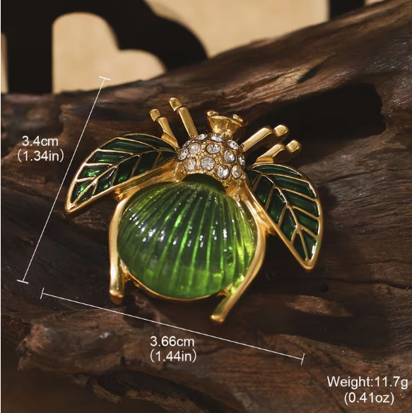 BROOCH-Vintage Style Boho Insect, Green Glass & Rhinestone Inlay, Alloy Base