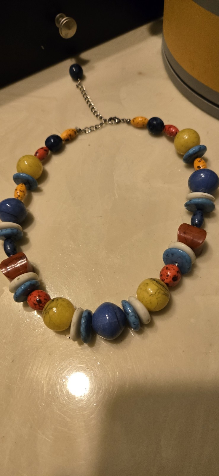 Vintage Acrylic?Glass? Statement 16″ Necklace Blue Yellow Red Lobster Clasp