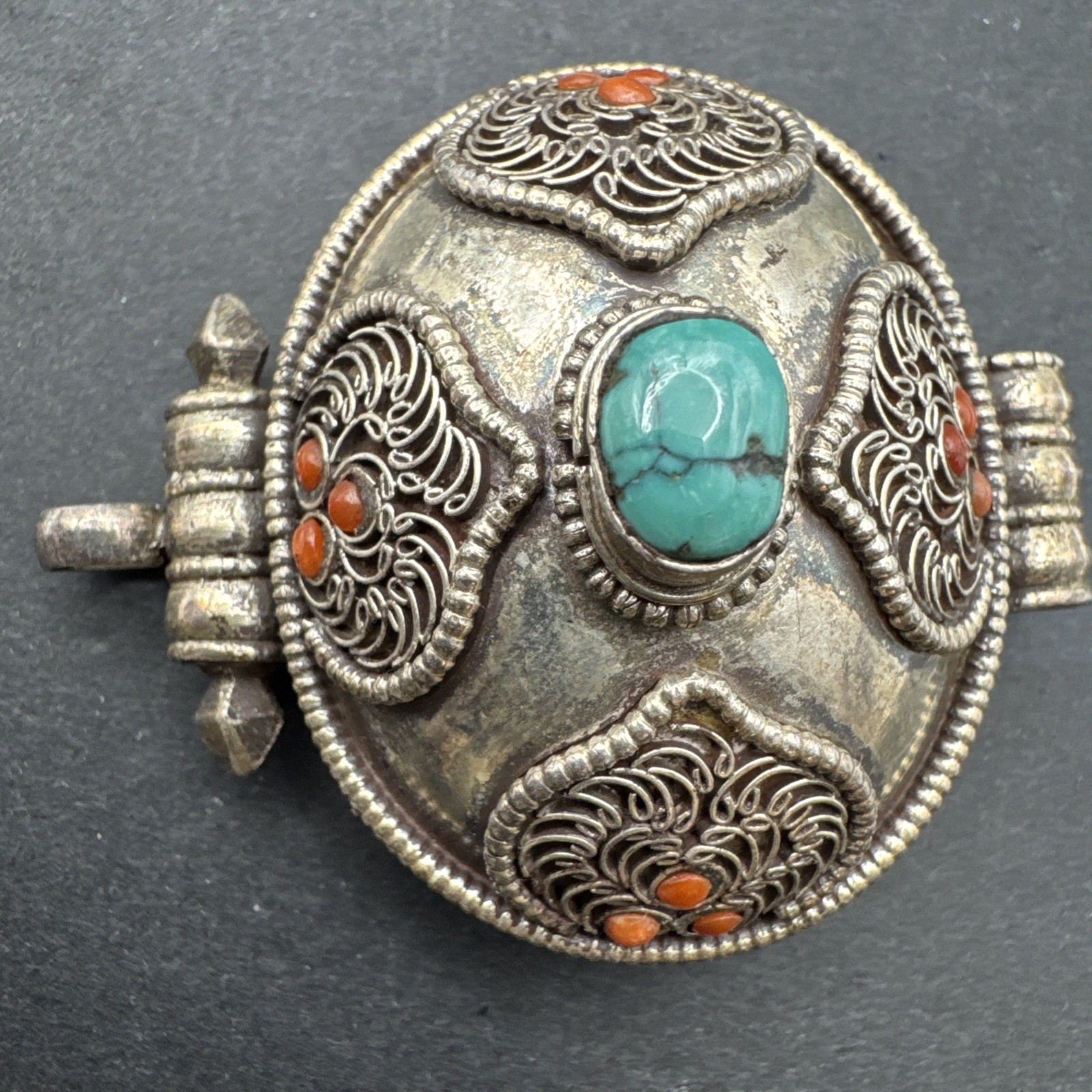 Vintage 925 Silver Coral And Turquoise Figural Pendant 1.5” x 2” 23g