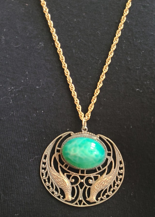 Vintage Art Deco Czech Peking Glass Green Stone Pendant Peacocks Brass Gold Wash