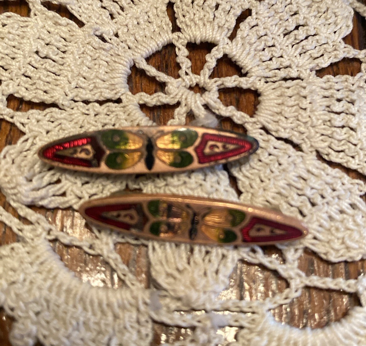 2- 1 inch long Victorian Cloisonné Butterfly Bar Pin Enamel C Clasp Brooch Vtg