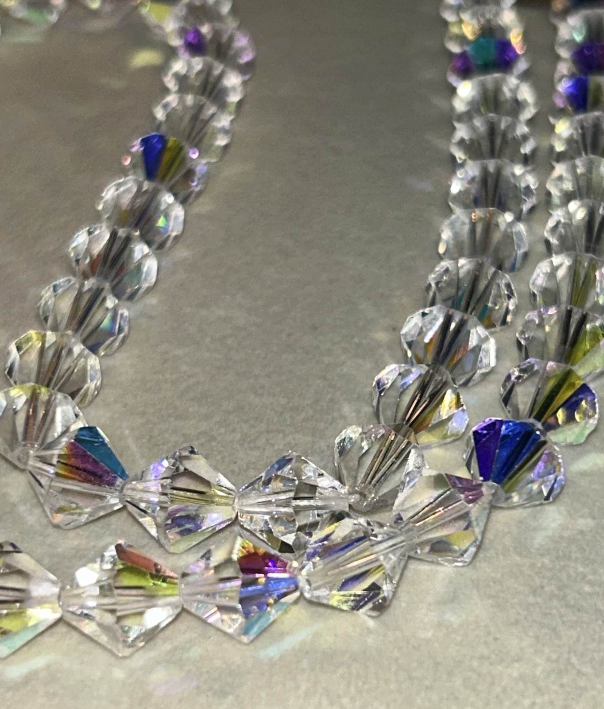 Vintage Aurora Borealis Crystal Bicone Necklace 24” Clear Faceted Glass Beads