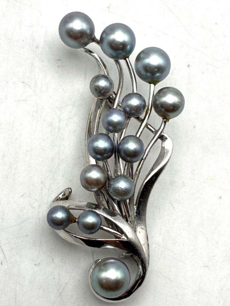 VTG BLUE AKOYA PEARL Necklace SET 10k WG 7mm Baroque Saltwater Pin 3″ SILVER 19″