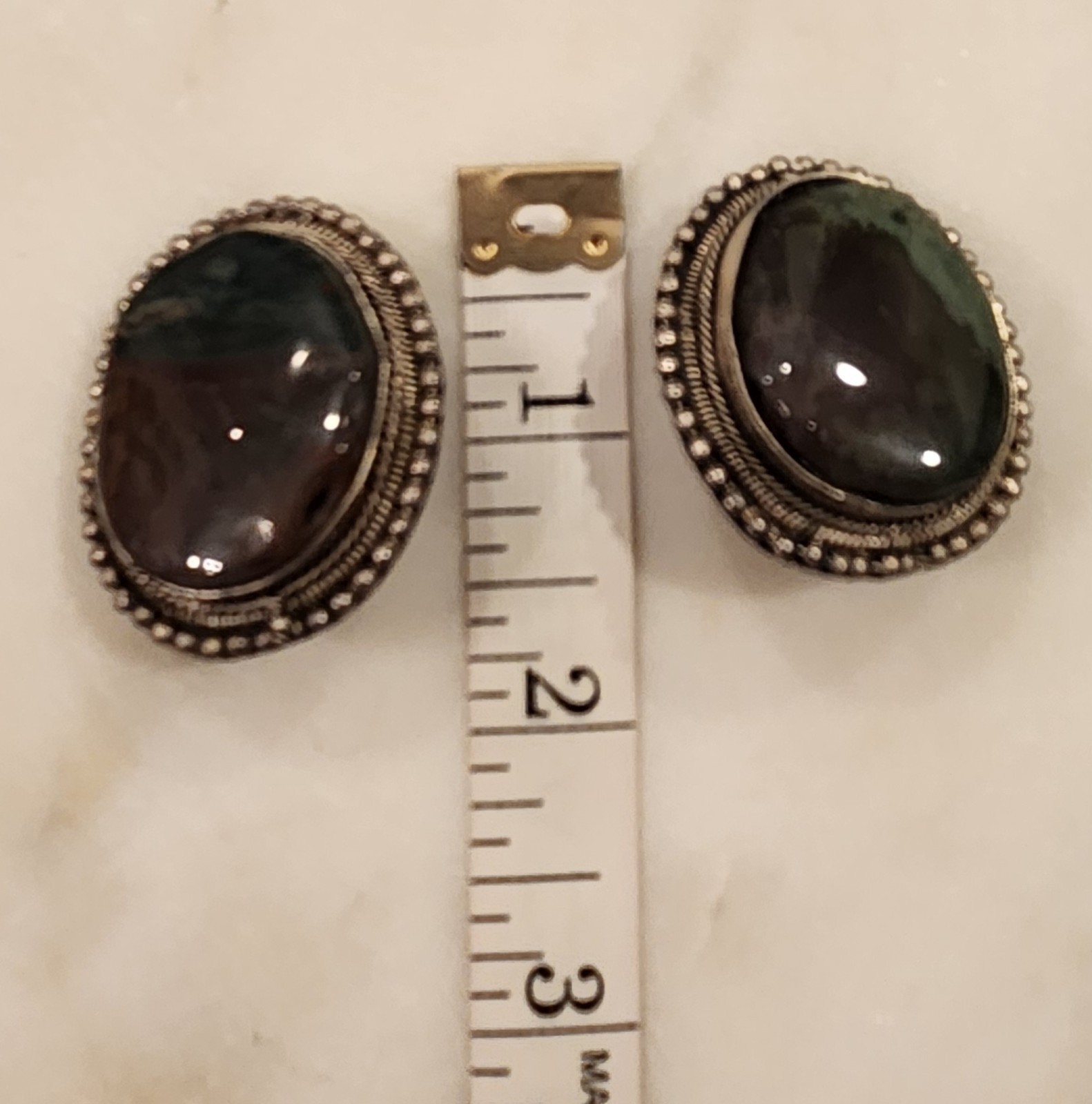 Vintage Clip On Earrings Green Brown Stone Silver Tone Boho Earthy Nature