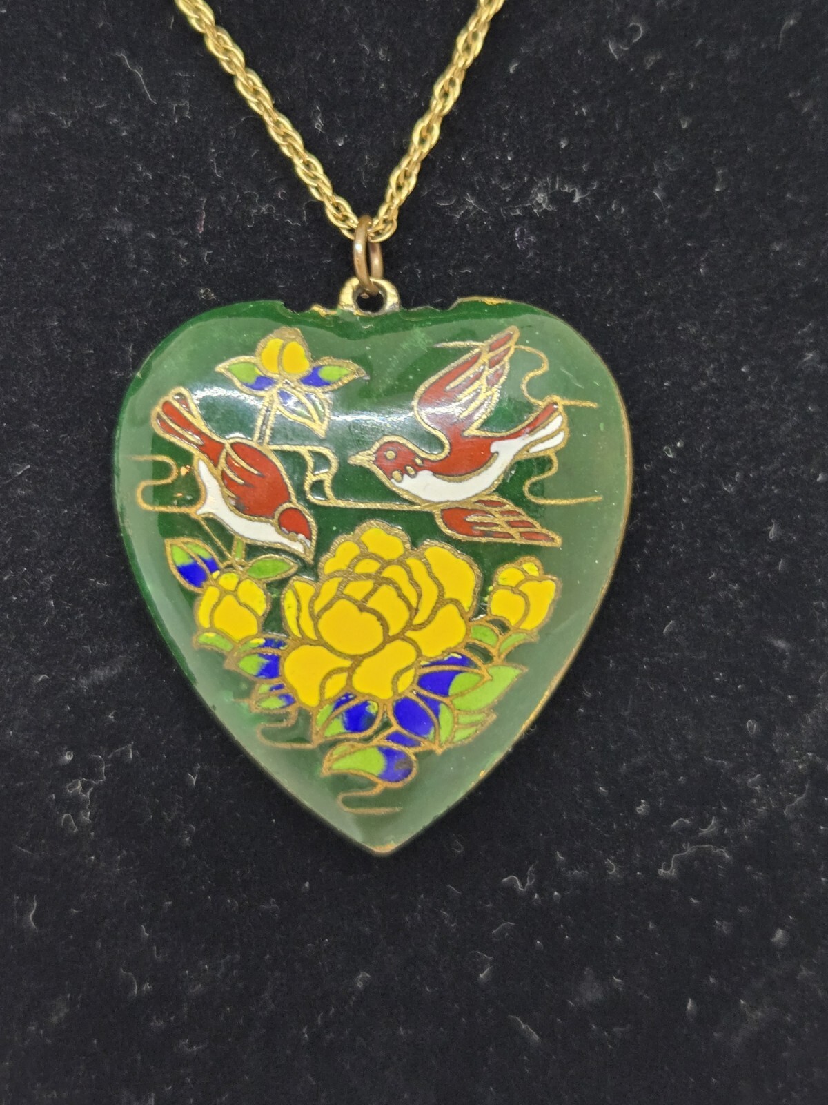 Cloisonne Puff Heart Shaped Floral and Bird Pendant Charm
