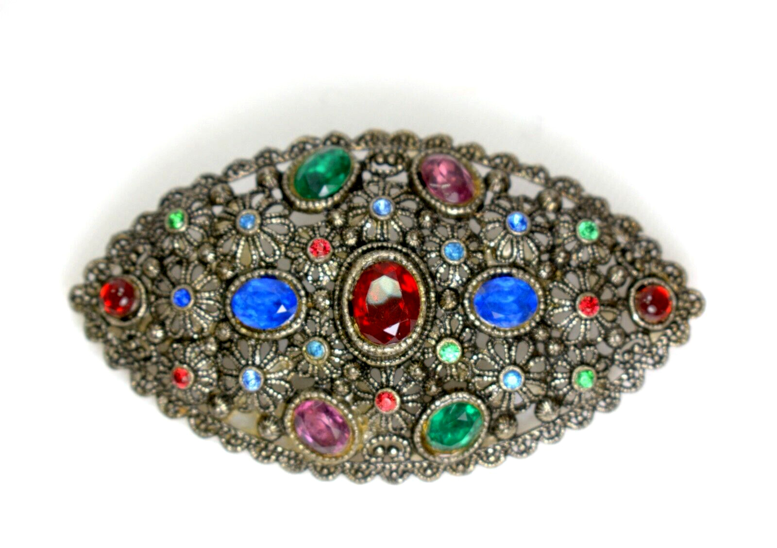 New England Glass Works Brooch Pin Czech Glass Rhinestones, Floral Art Nouveau 1