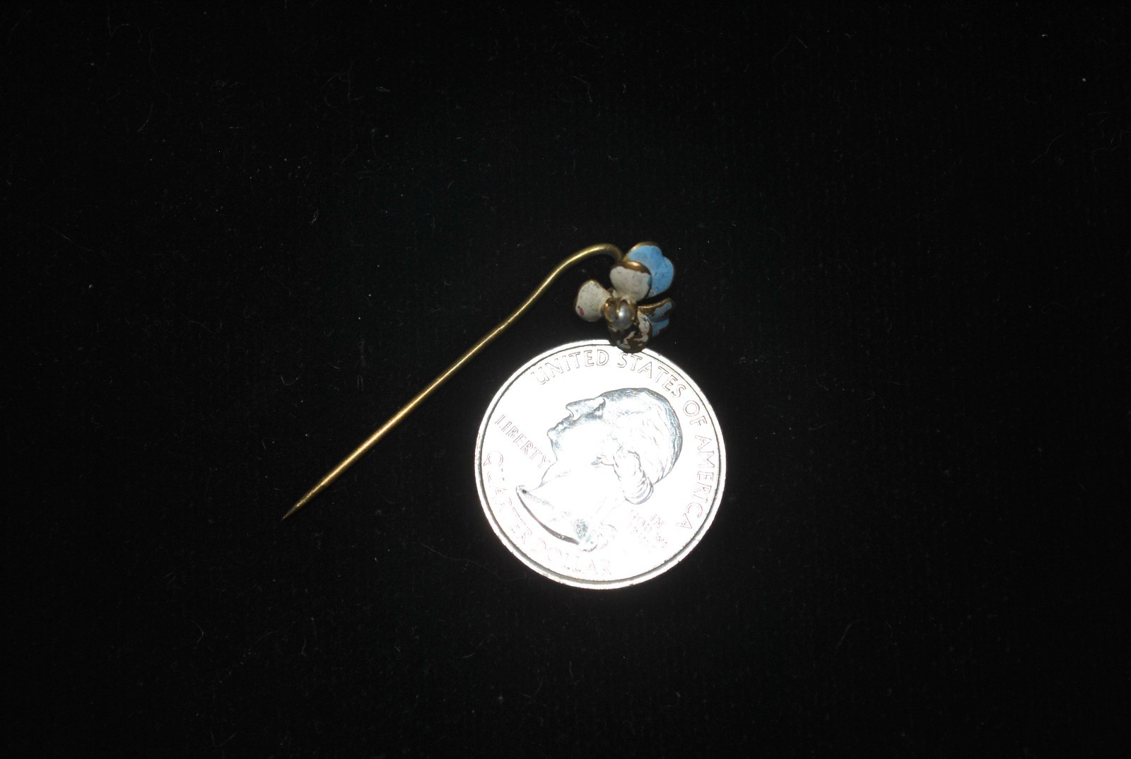Antique Enamel Pansy Flower Brass Stick / Tie Pin with Faux Pearl victorian