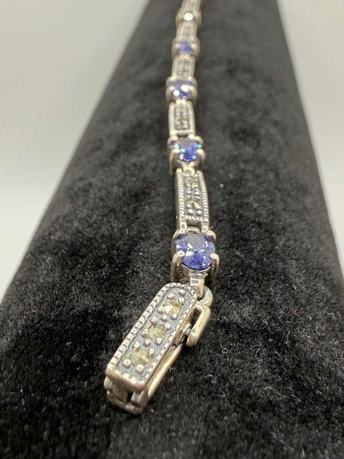 Vintage 925 CW Amethyst Marcasite Stone Panel Link Bracelet Sterling Silver 8”