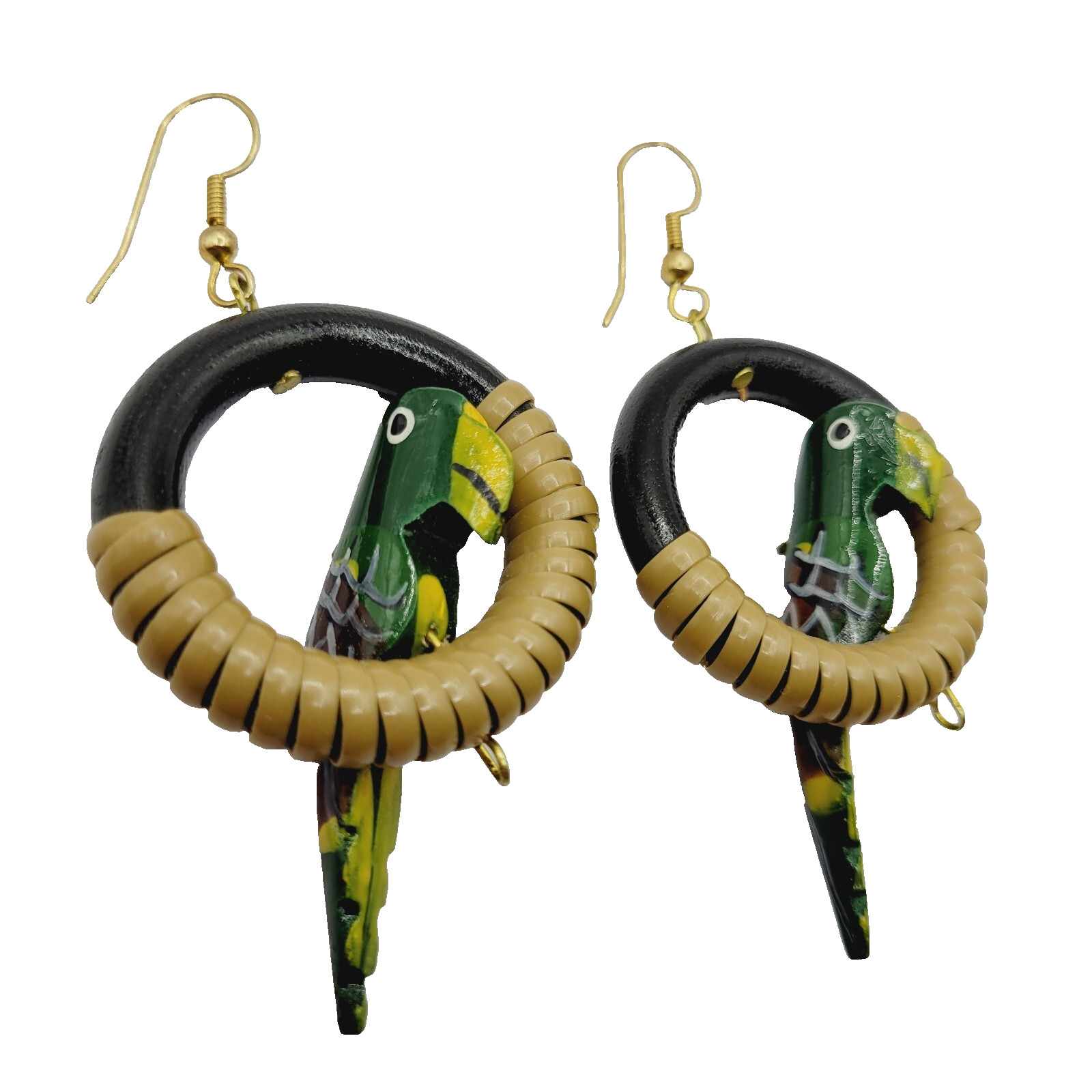 Parrot Macaw Tropical Hand Painted Carved Bird on Hoop Hook Pierced Vtg Earrings