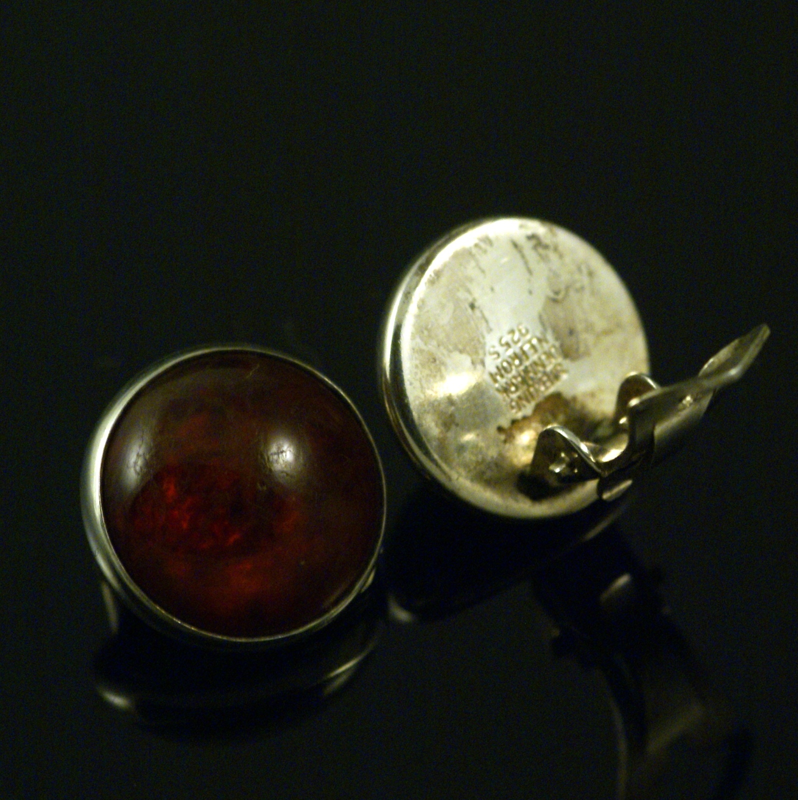 N. E. From. Sterling Silver Ear Clips with Amber. 1960s