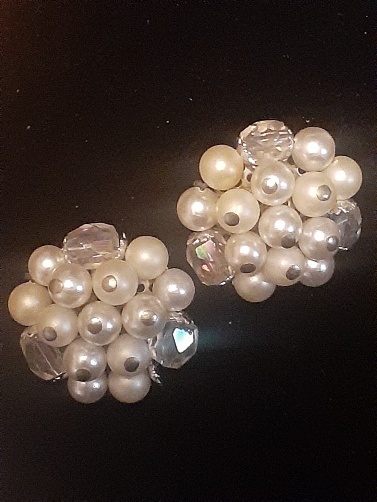 Vintage faux pearl & glass bead cluster round clip on earrings