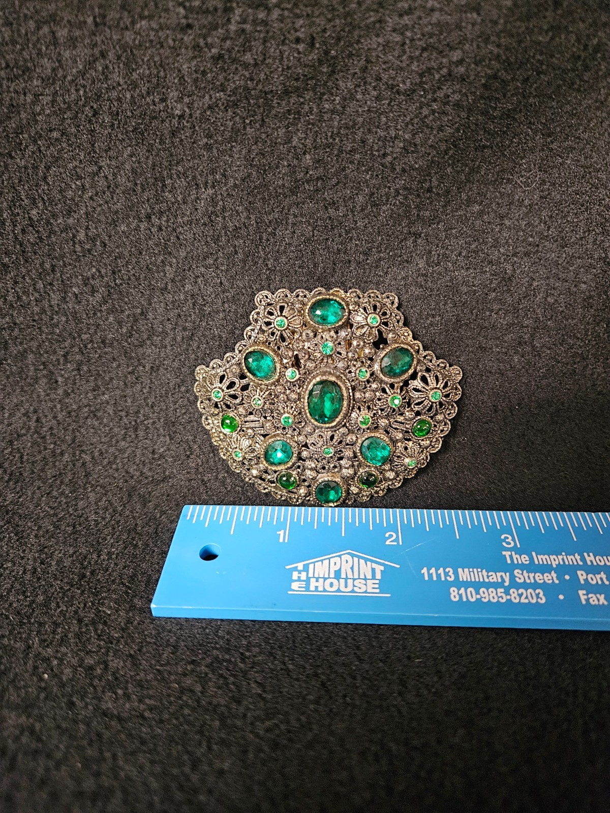 New England Glass Works Antique Brooch Pin Blue Rhinestones Filigree Marked Read