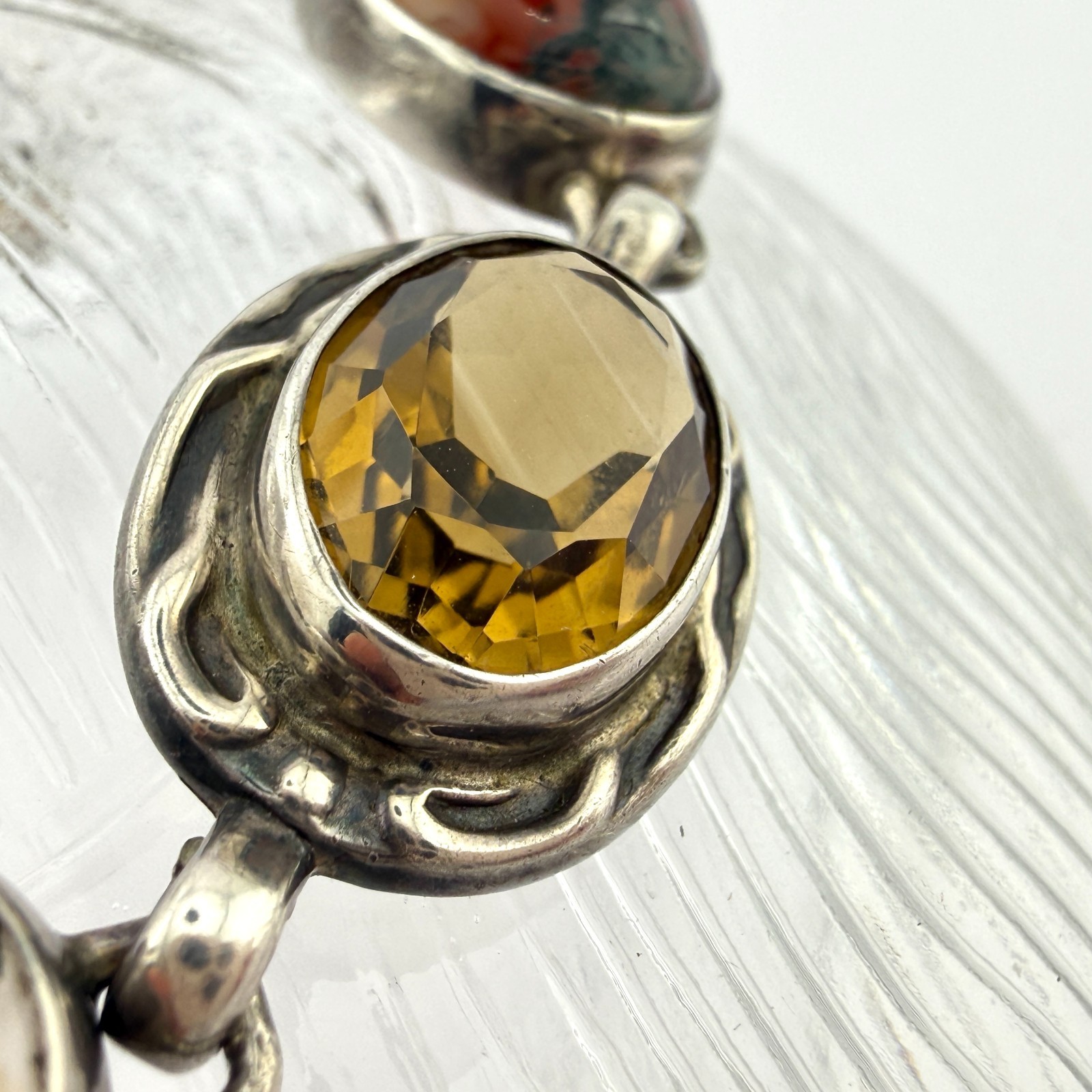Stunning Vintage Scottish Sterling Silver Moss Agate &Faceted Cairngorm Bracelet