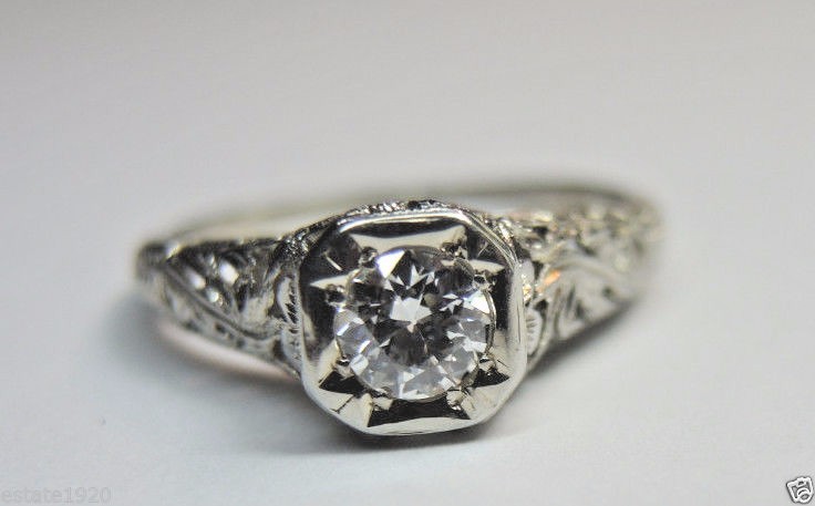 Antique Art Deco Diamond Engagement 17K White Gold Ring Size EGL USA