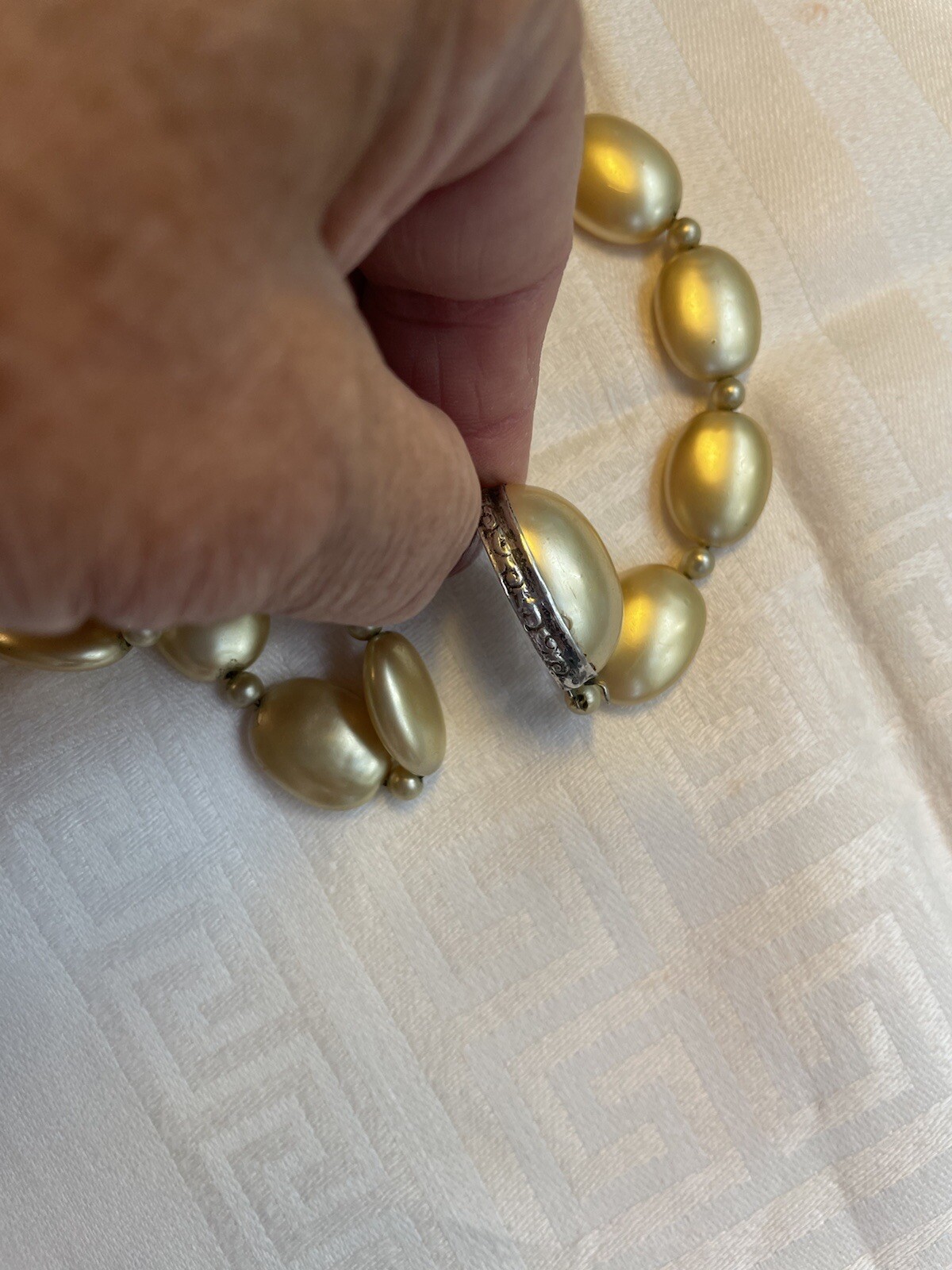 Vintage Sterling Silver Champagne Pearl Disk Necklace 16″