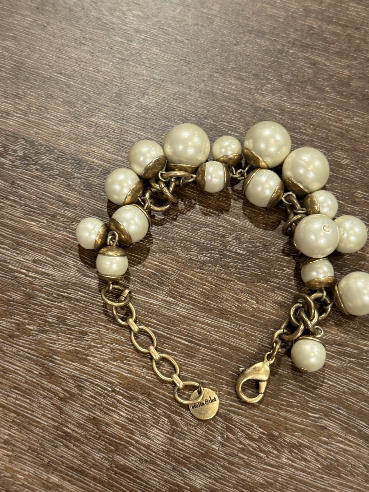STELLA & DOT DAPHNE FAUX PEARL BEAD CHA CHA 9.5″ BRACELET MCM GOLD CHAIN LINK EU