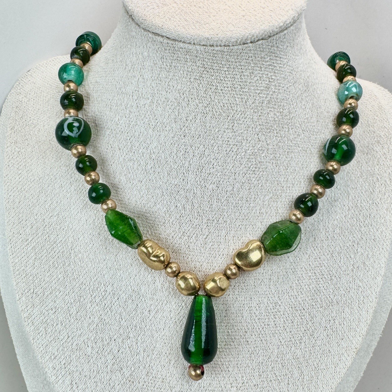 Lot Of 2 VTG Bead Necklaces – Purple Glass & Green Gold Tone Statement