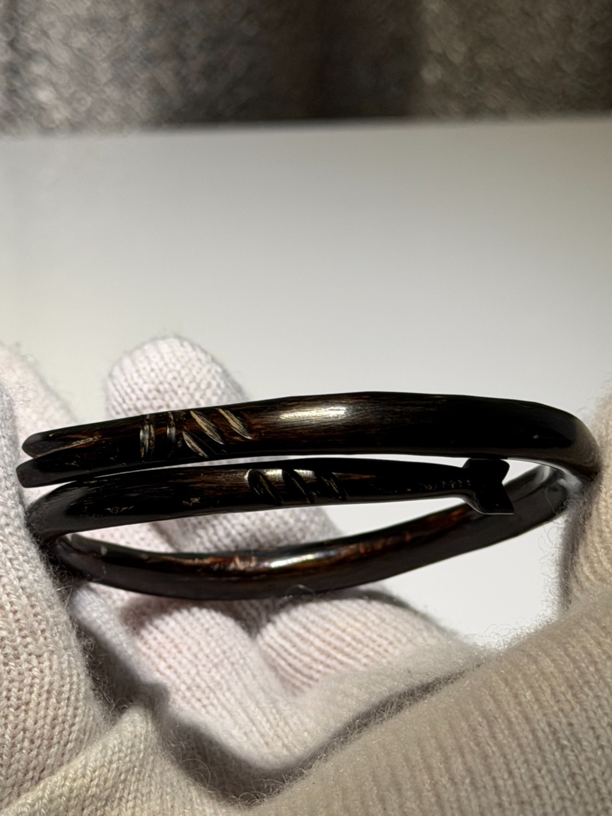 Vintage Black Coral Hand Carved Fish Bypass Bangle Bracelet