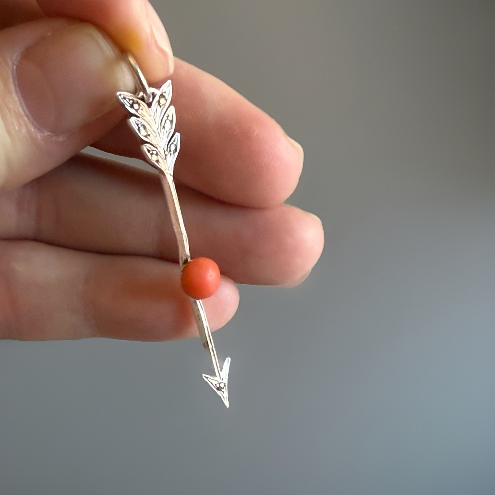 Antique French 800 Silver, Coral & Marcasite Arrow Pendant, C1900