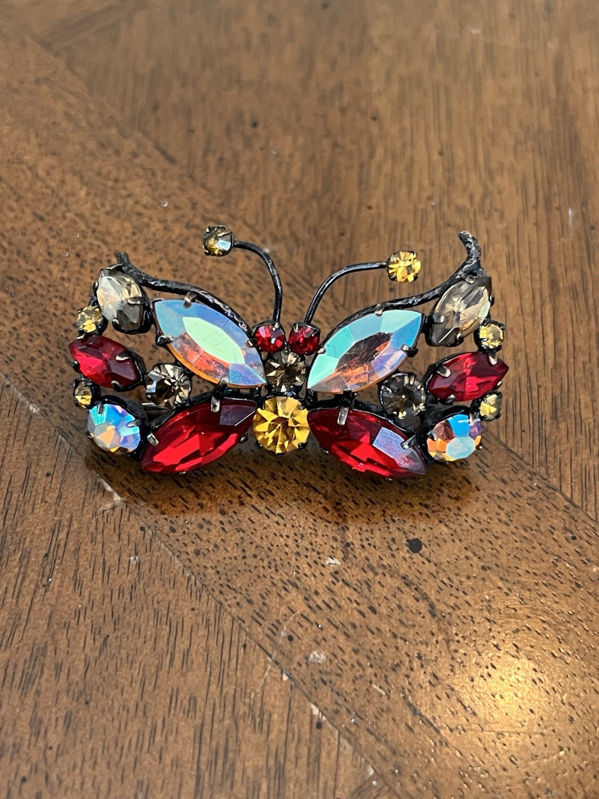 Vintage Mid-Century Red & Yellow & AB Rhinestone Butterfly Brooch Japanned Metal