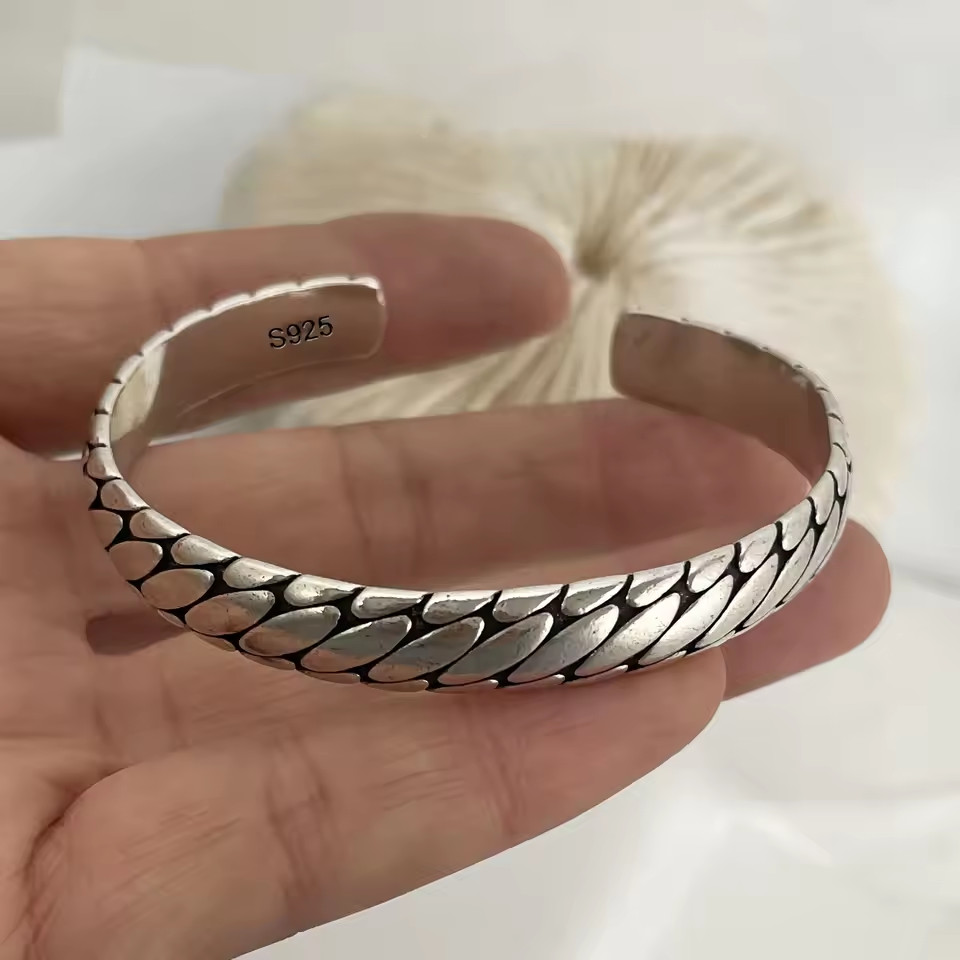Mens Vintage Open Bangle 925 Sterling Silver Handmade Twisted Cuff Bracelet US