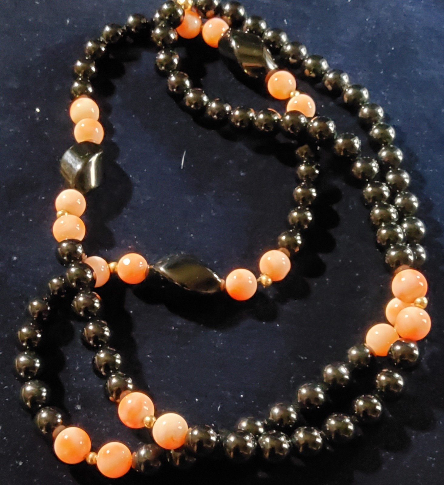 Vtg Black Onyx And Pink Angel Skin Coral Art Deco Necklace / 14kt Gold Fill…