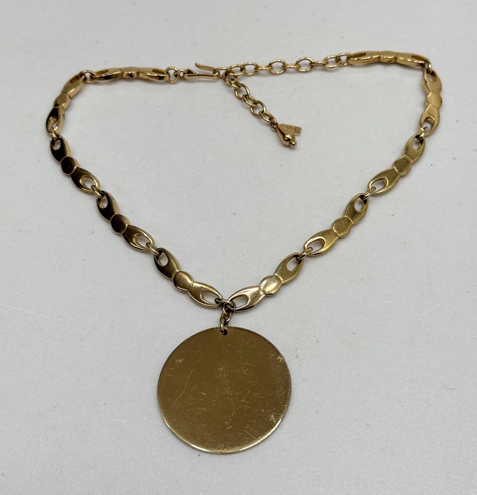 Vintage Signed Monet Round Pendant Necklace Gold Tone Choker 13-16 inch Chain