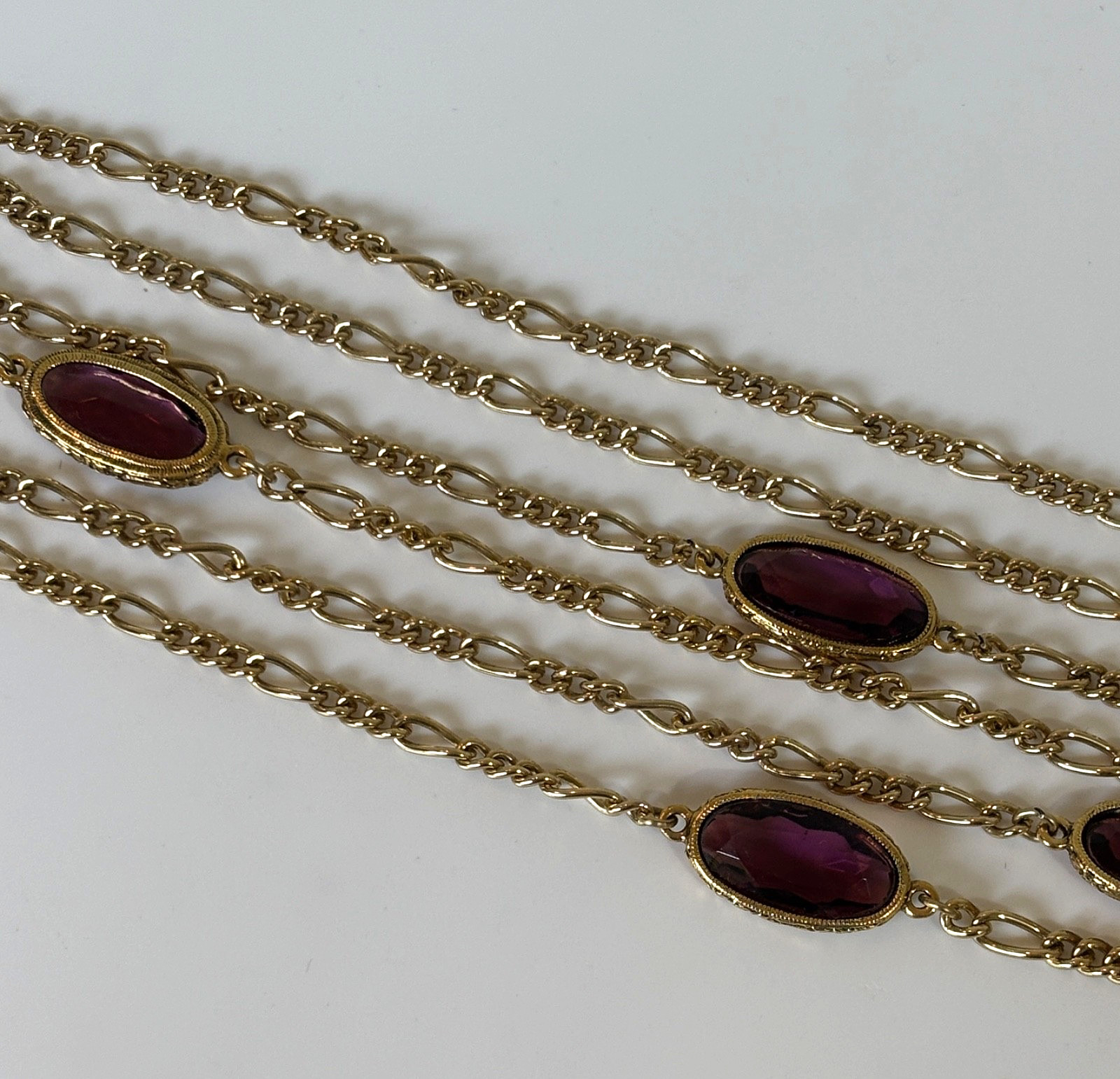 1928 Brand Amethyst Purple Crystal Bezel Necklace Goldtone Figaro Link Chain 44″