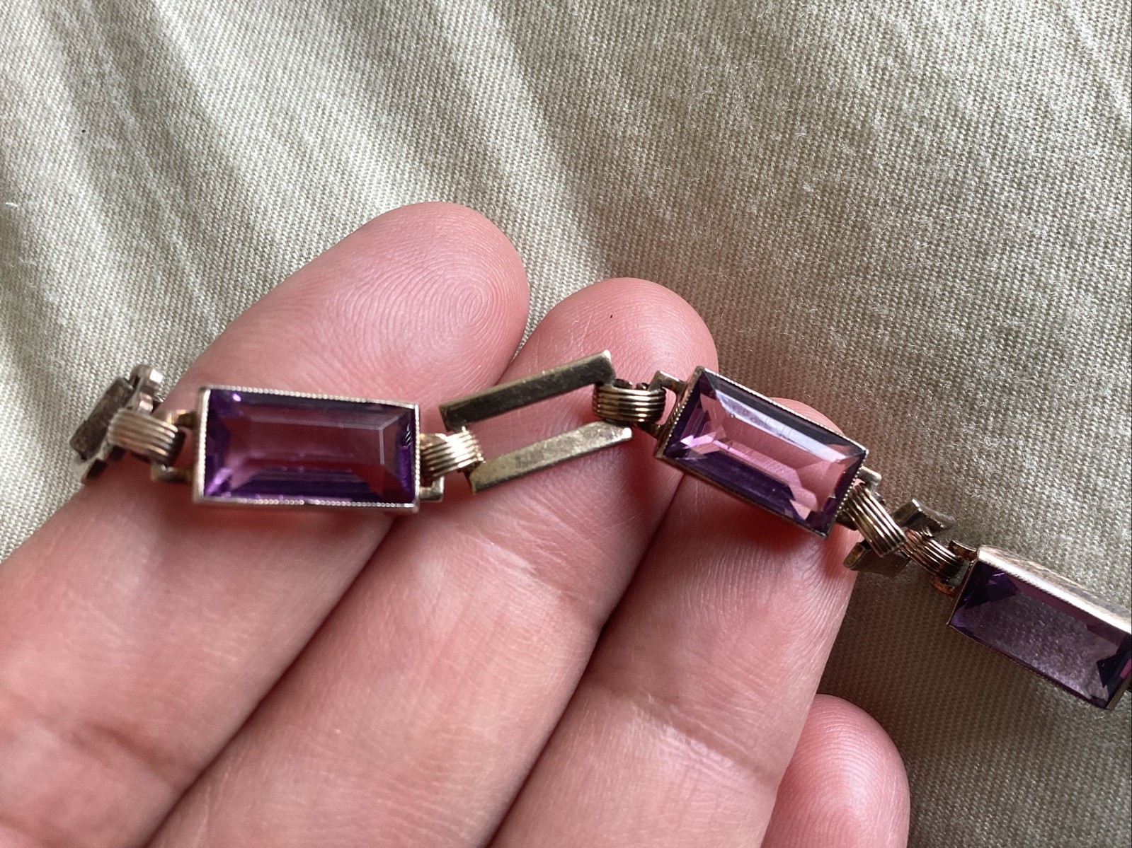Vintage Sterling Silver 14 K Gold Purple Glass Line Bracelet 7.25”