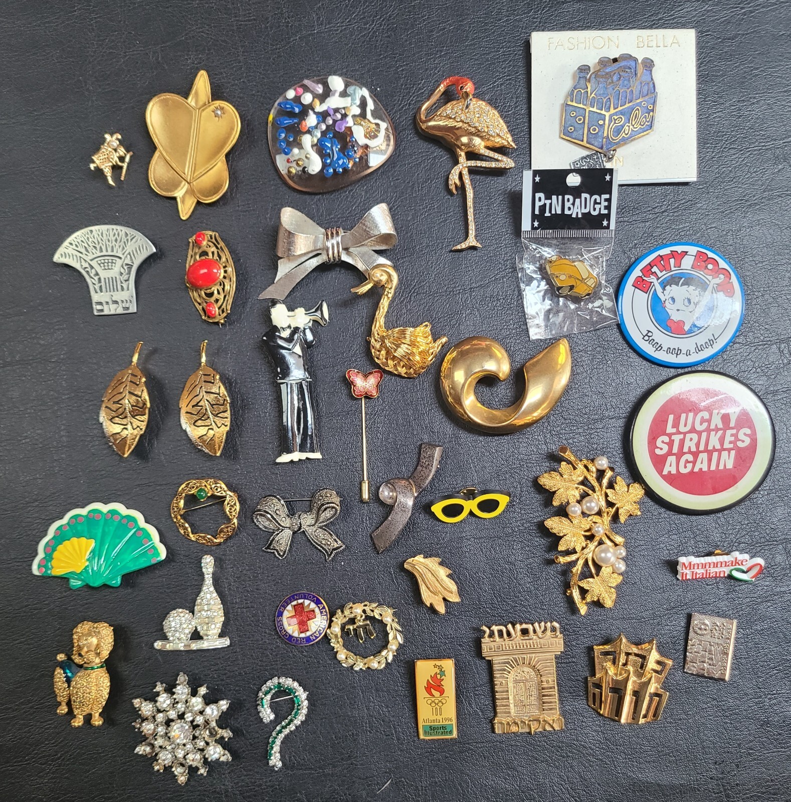Vintage Costume Jewelry Pin Badge Lot Betty Boop Lucky Strike Flamingo Rhineston