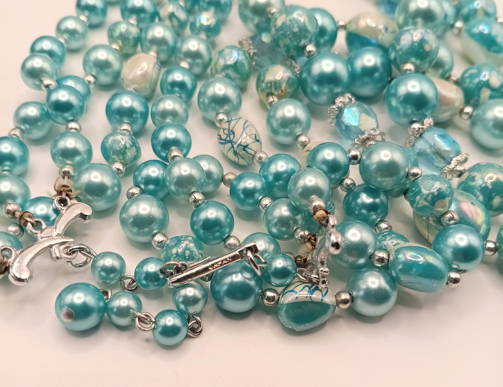 VTG Blue/AB Bead Demi Parure 3 Strand Stamped Japan Necklace And Clipon Earrings