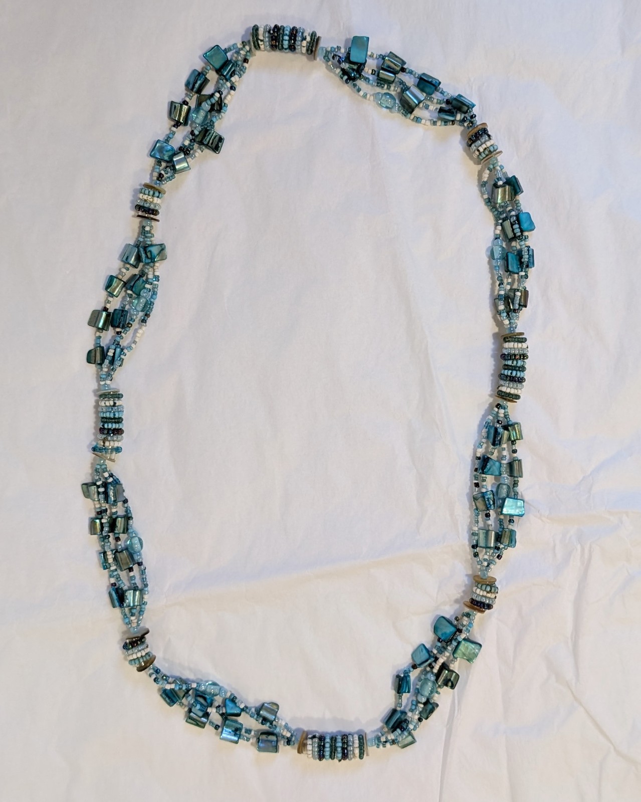 4 Strand Layered Necklace with Blue Dyed Abalone MOP and Glass Beads 30.5 inches