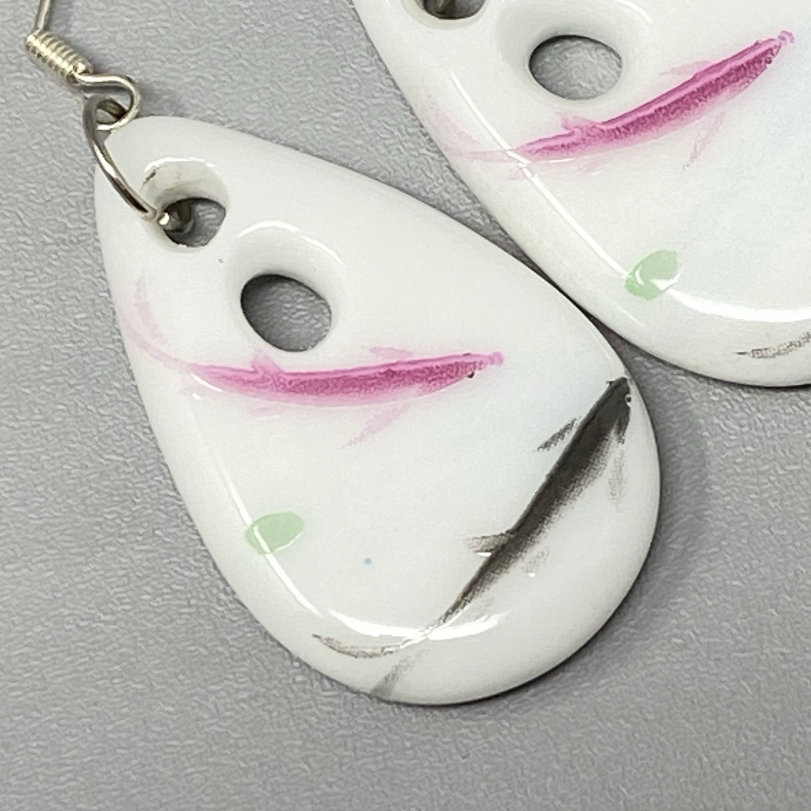 White Glass Bead Earrings Pink Black Splatter Teardrop Pierced Dangle Drop Hook