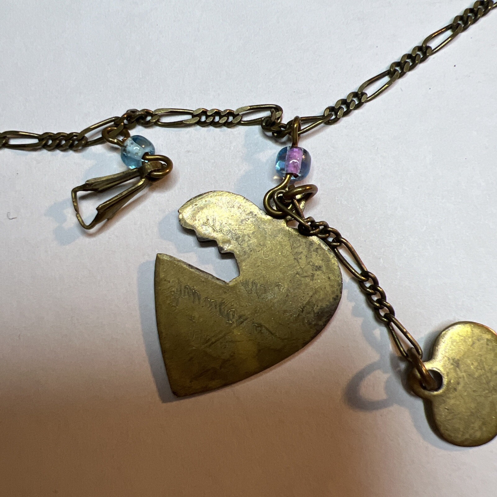 Vintage Glass Works Studio Necklace Unsigned Hearts Brass Charms Cherub
