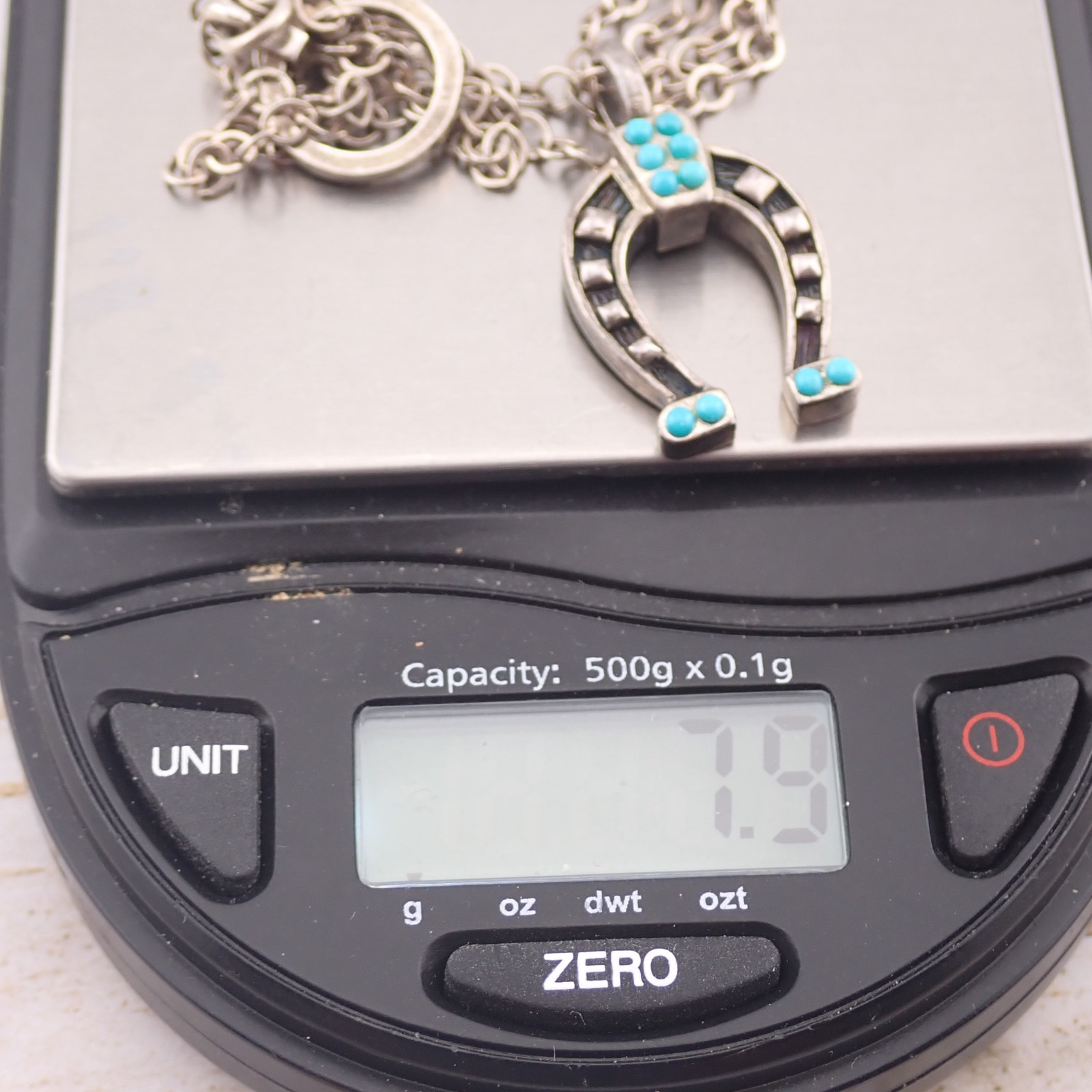 VTG Southwestern Sterling Silver Turquoise Horseshoe 16″ Toggle Necklace 7.9 gr