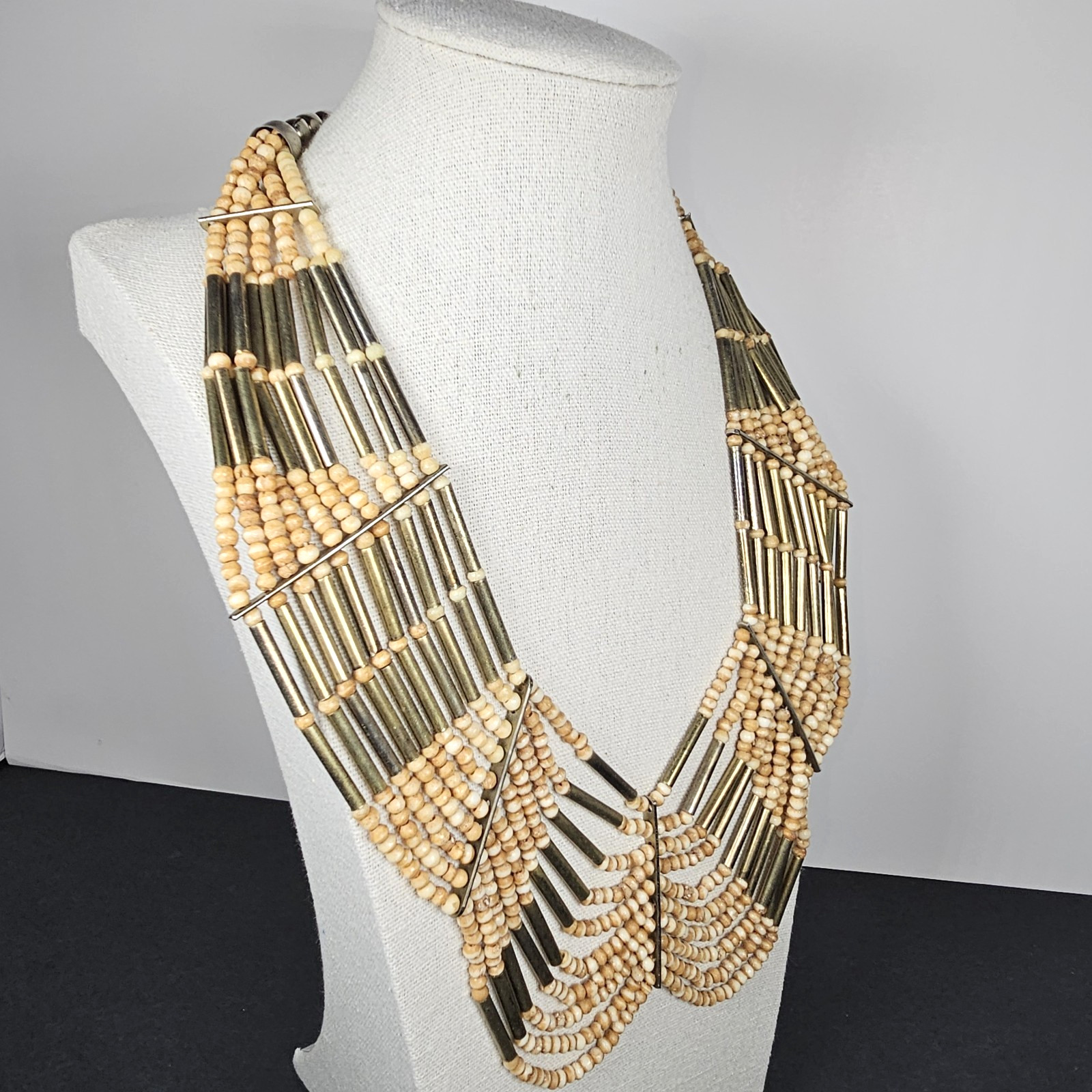 BOHO Tribal Multistrand Necklace Bead and Brass Silver Tone Chain & Clasp 21″