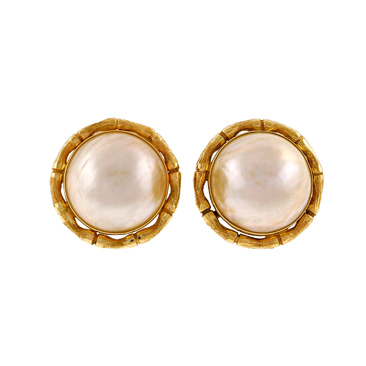 Vintage 1950 – 1960 Bamboo 14k Yellow Gold 20mm Clip Post Mobe Pearl Earrings