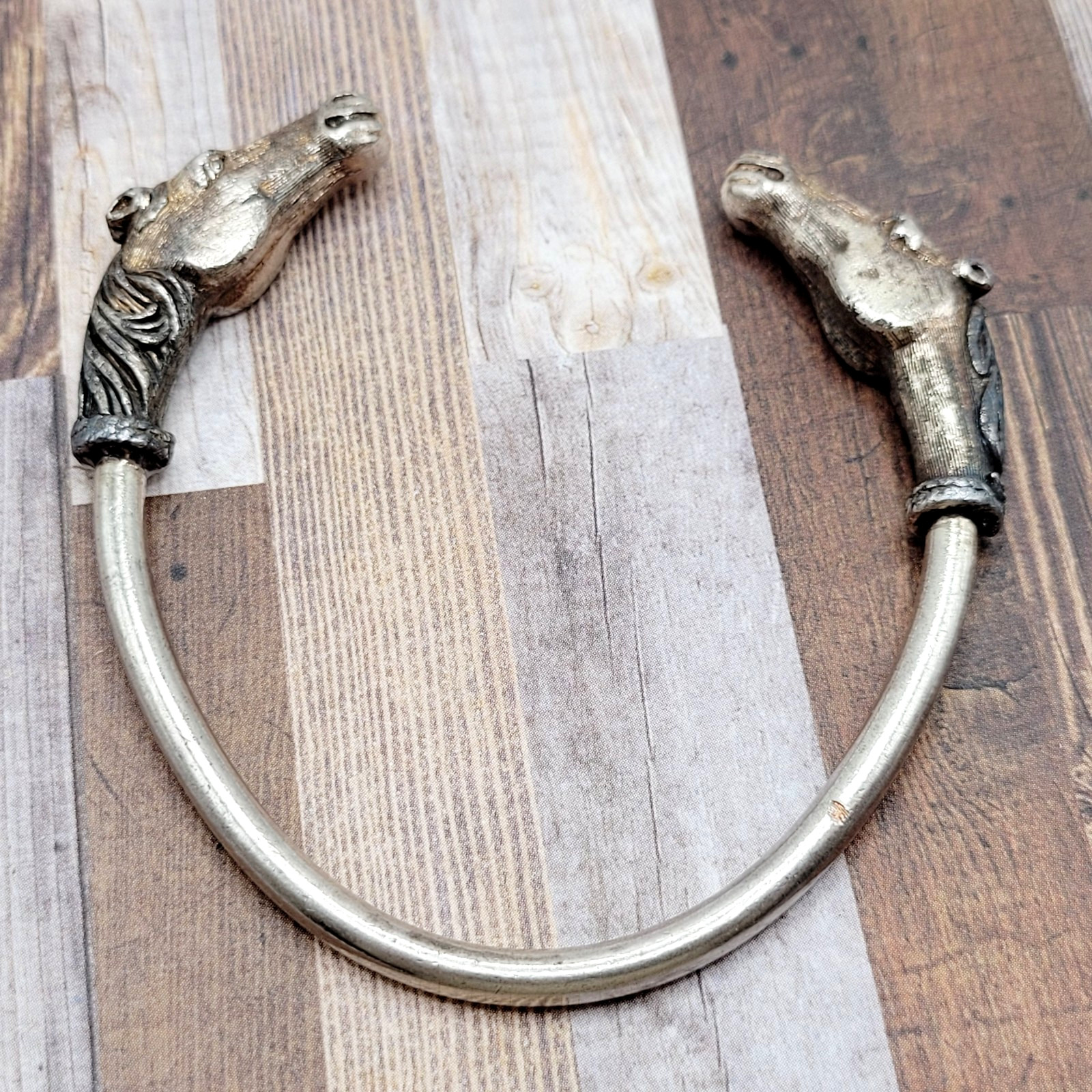 Double Horse Head Pewter Plated Copper w Patina Vintage 70s Torque Cuff Bracelet