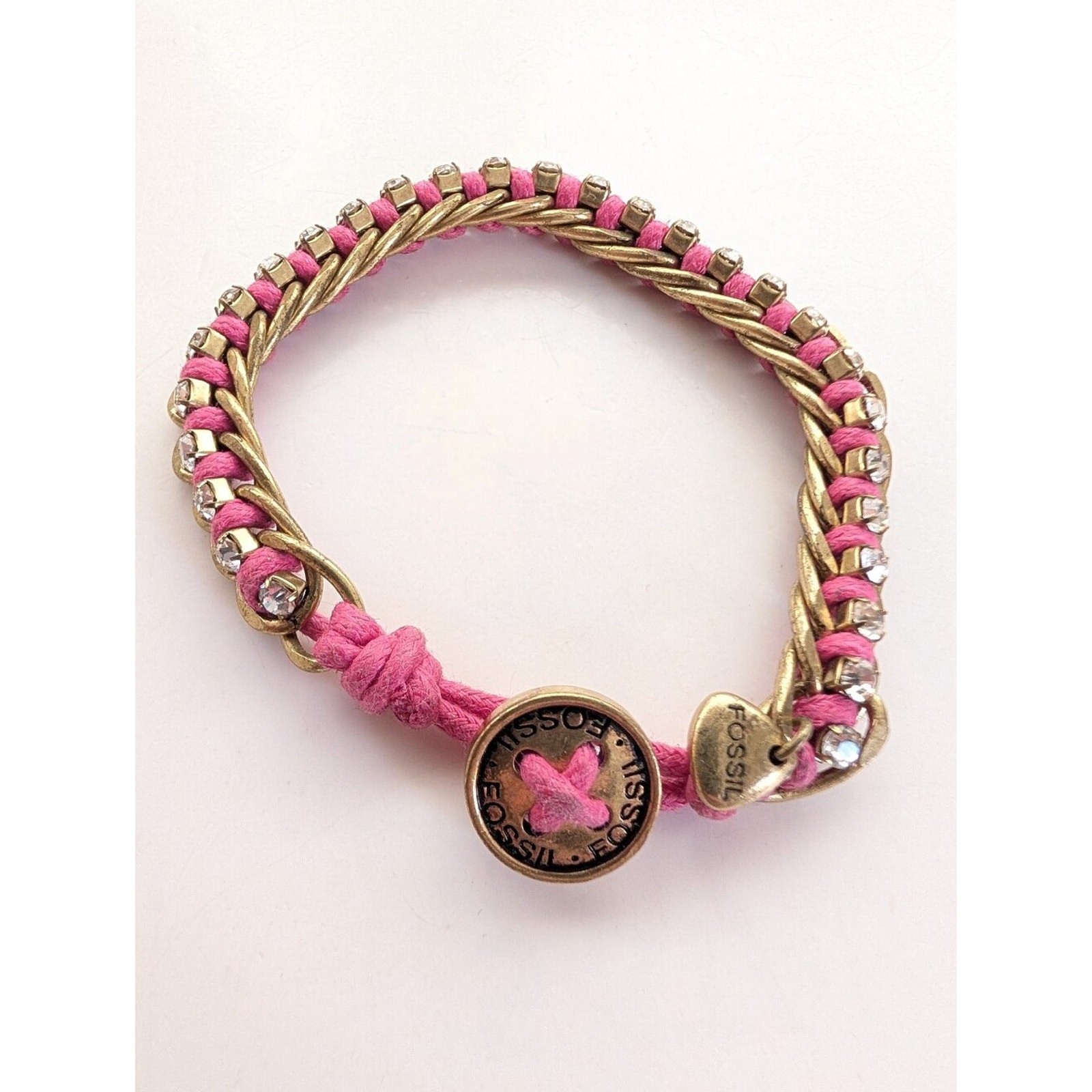 Fossil Y2K 2000s Rhinestone Gold Tone Chain Button Toggle Charm Pink Bracelet