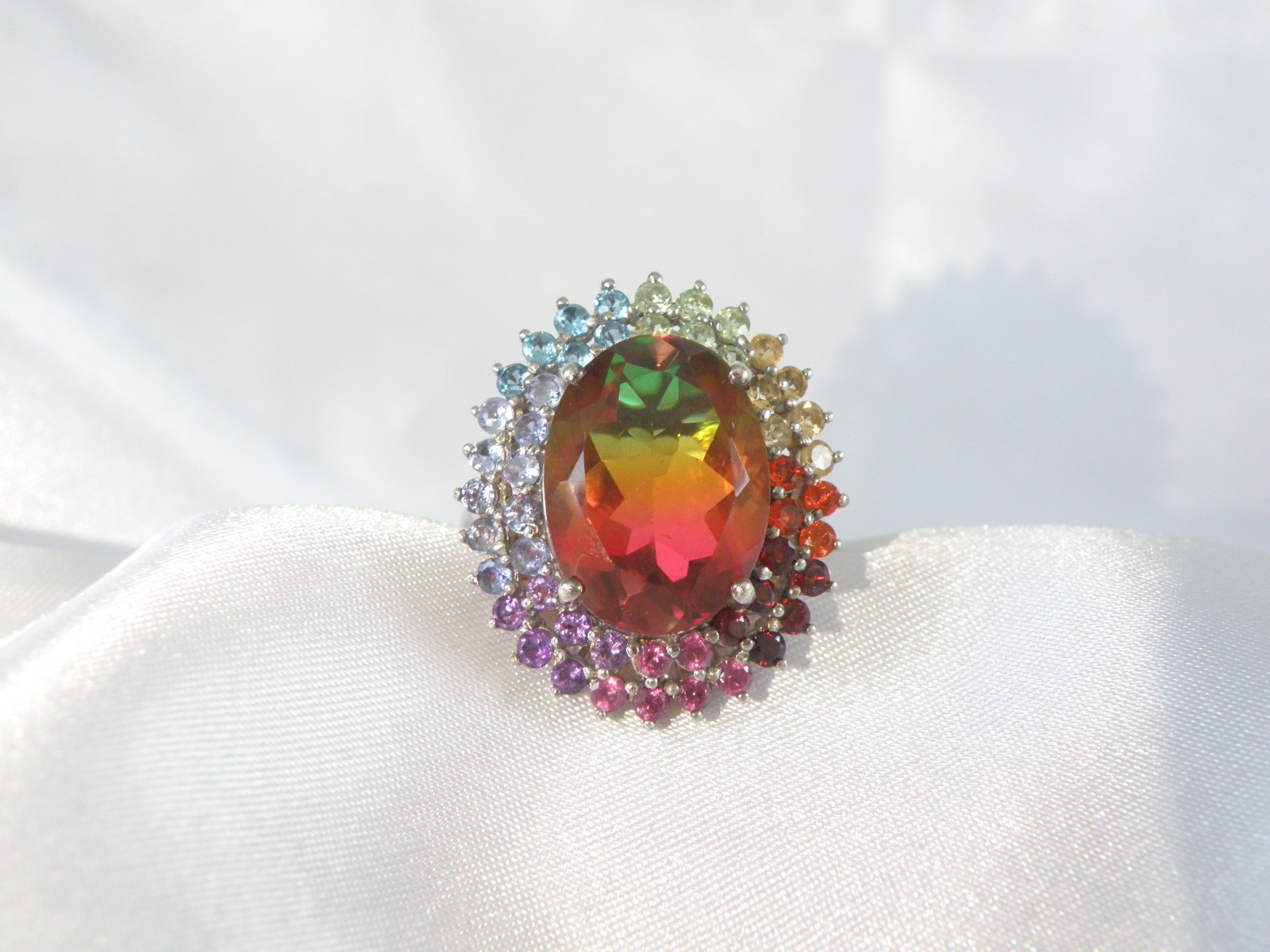 Large Sterling Silver 925 Watermelon Tourmaline Exotic Gemstone Statement Ring 8