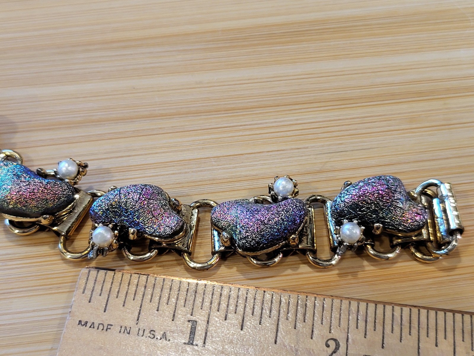 Vtg Purple Peacock Iridescent Color Faux Lava Pearl Panel Gold Tone 7″ Bracelet