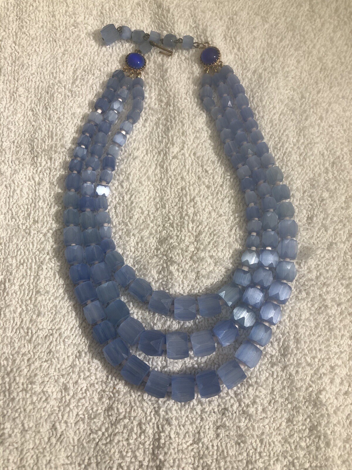 *Blue Glass Bead 3 Stranded Necklace Vintage
