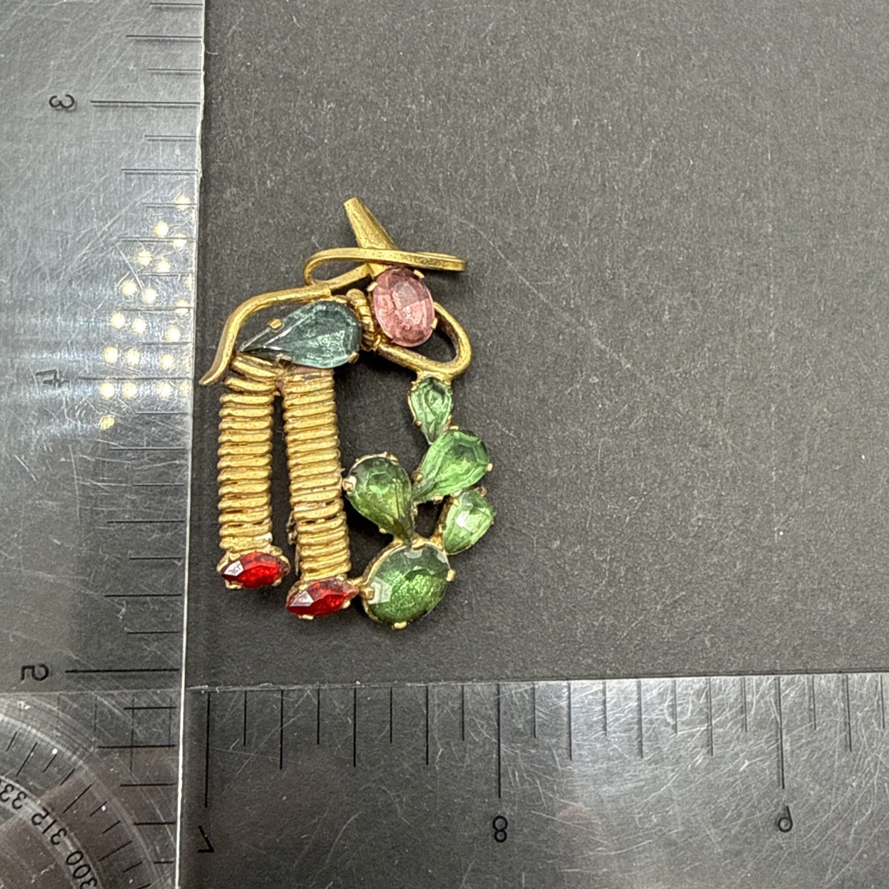 Made In Czechoslovakia Vintage Person Plant Rhinestone Gold Tone Brooch Pin B44a