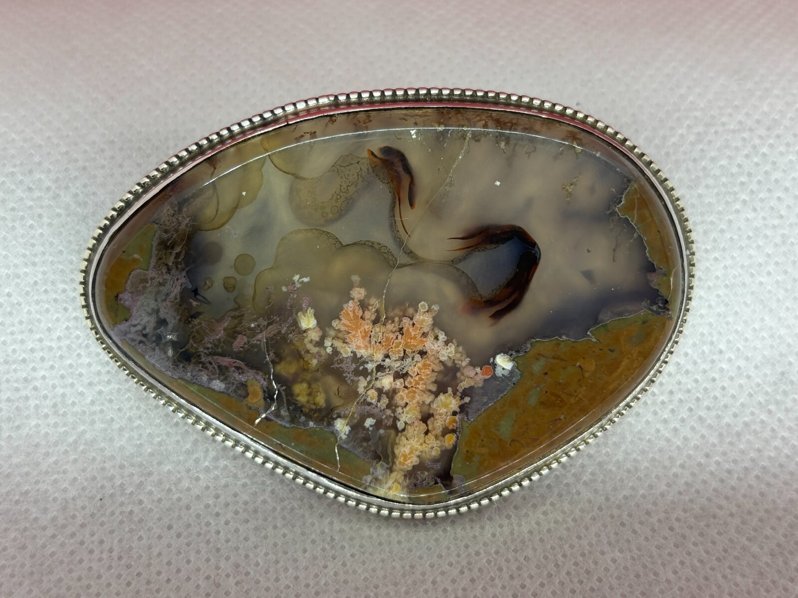 Large Vintage Sterling Silver Solid Moss Agate Brooch Pin or Pendant- 50.1 Grams