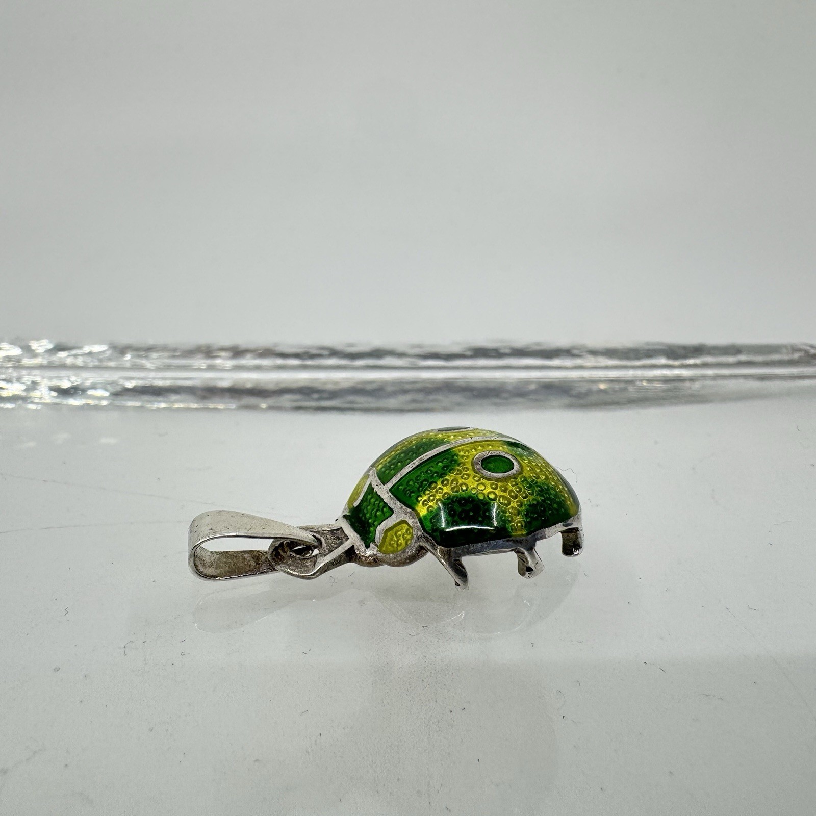 Sterling Silver 980 Bright Green Yellow Beetle Bug Pendant Signed A. Maya Mexico