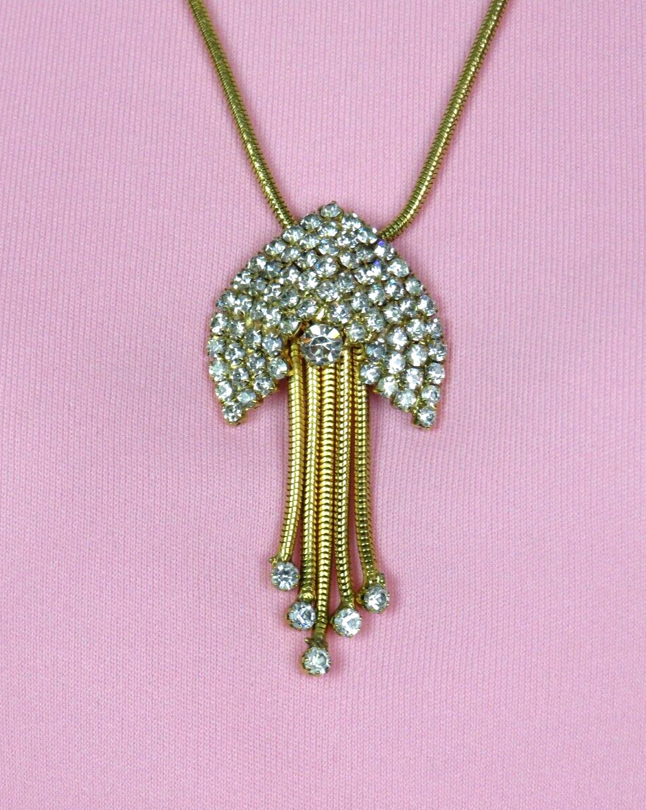 VTG 1930s – 1950s ART DECO GOLDEN CRYSTAL 5 DANGLER PENDANT NECKLACE 22 3/8″