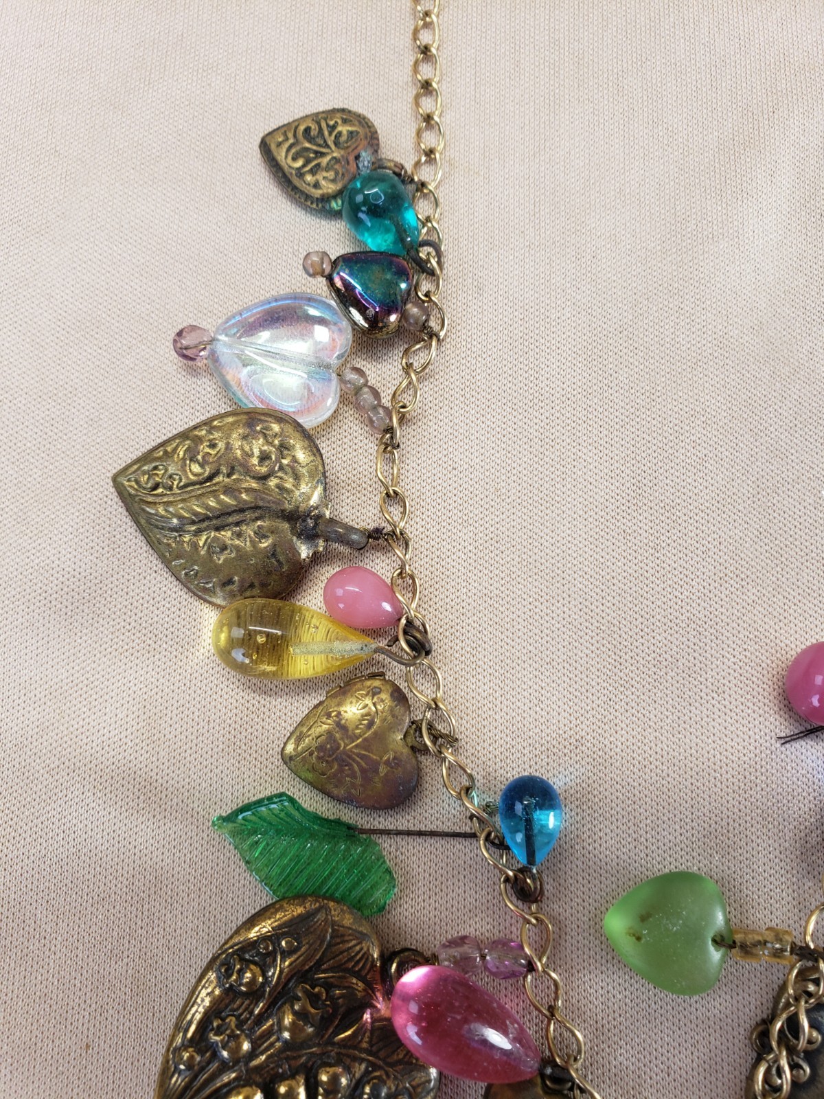 Vintage Ornate Hearts and Glass Charms Necklace Glass Works Studio Style AS IS